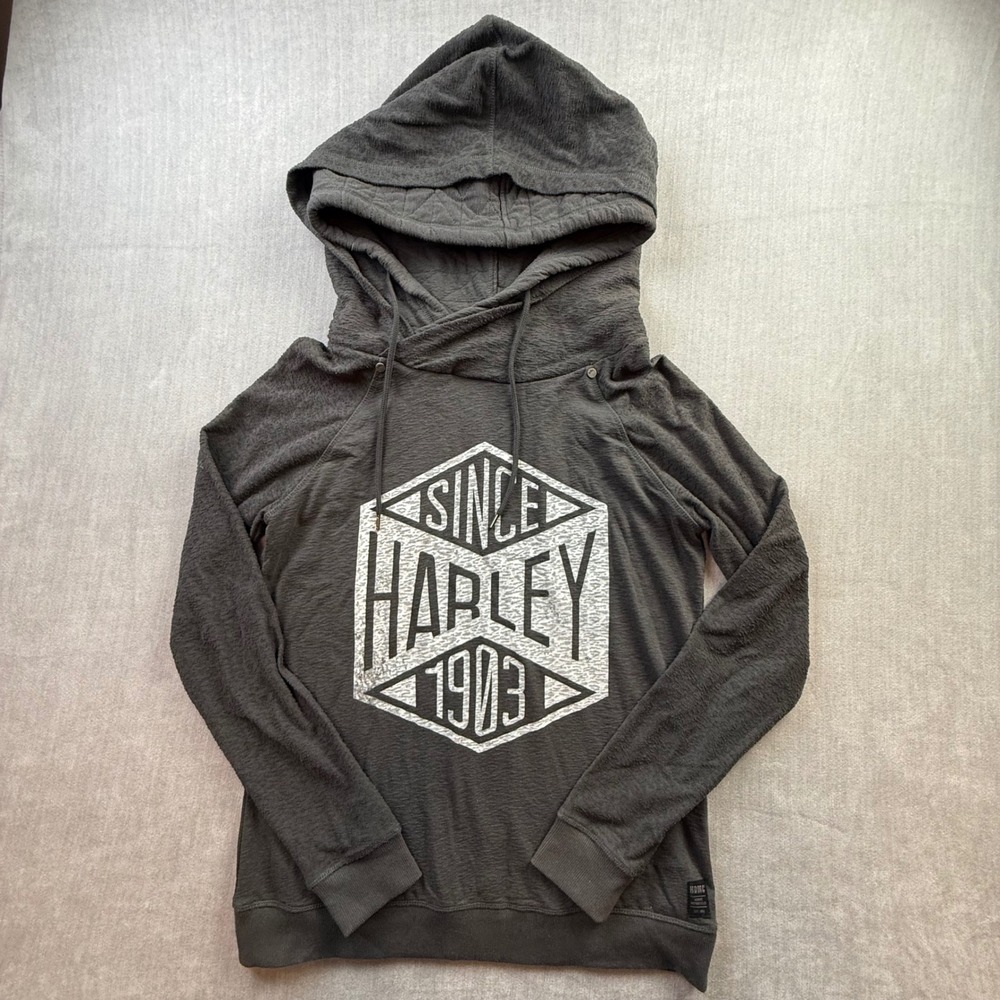 Harley-Davidson HDMC Womens Charcoal Gray Slub Knit Hoodie Graphic Sweatshirt M